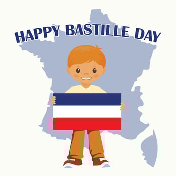 Smiling child boy holding a France flag isolated on a white background. Vector cartoon mascot. Holiday illustrations for the Bastille day. Stock vector.