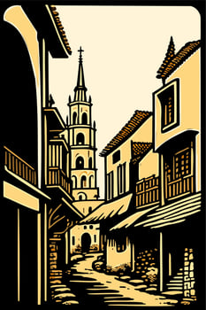 Old Town Landscape Hand-drawn drawing of a medieval city. A beautiful old town in Europe. Hand-drawn tourist postcard. Sketch in black, isolated on white background. vector