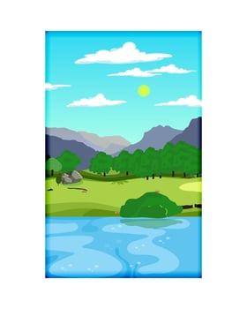 Nature scene with trees , blue sky ,hill, river. A beautiful lake landscape. Flat vector countryside cartoon style illustration of nature landscape with trees and mountain above river.
