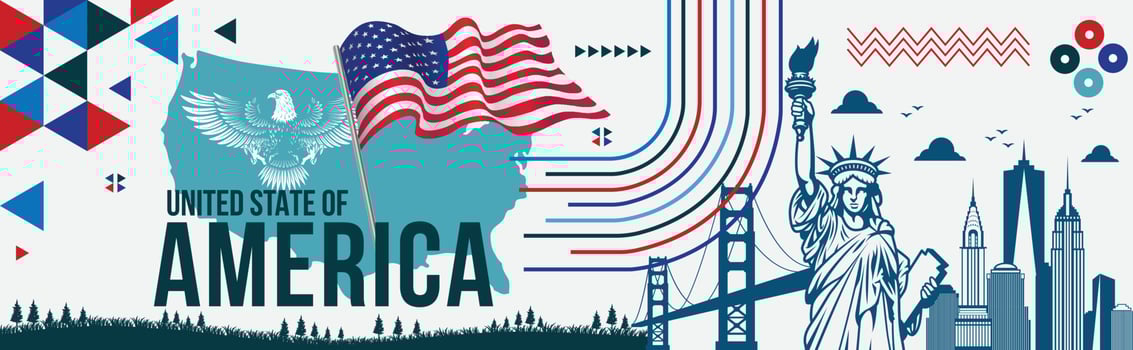 USA independence day banner 4th july with USA National Flag, USA National Eagle, statue of liberty, landmarks, USA Map Vector Illustration United States of America