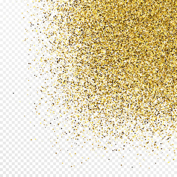 Gold glitter confetti backdrop isolated on white transparent background. Celebratory texture with shining light effect. Vector illustration.