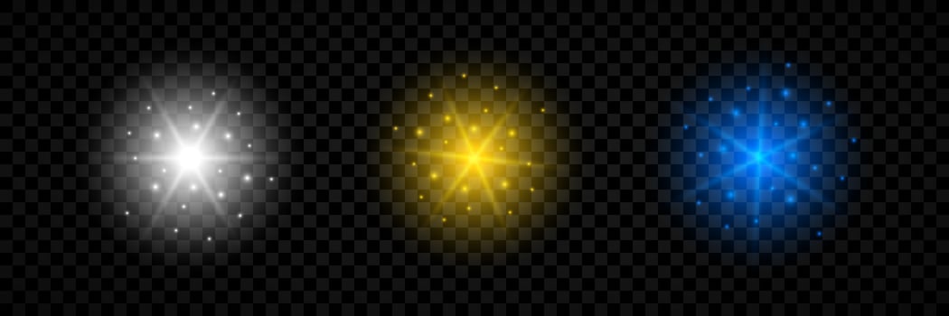 Light effect of lens flares. Set of three white, yellow and blue glowing lights starburst effects with sparkles vector