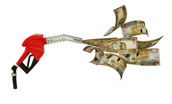 3d rendering of Jordanian dinar notes coming out from fuel pump. red fuel nozzle with dinar flying around png