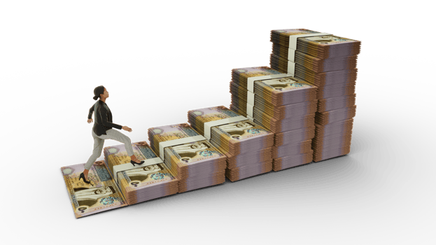 Business woman climbing stairs made of Jordanian dinar notes. 3D rendering of money arranged in the shape of a financial growth graph icon. Business growth concept png