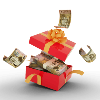 Jordanian dinar notes inside an open red gift box. Jordanian dinar inside and flying around a gift box. 3d rendering of money inside box isolated png