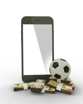 3D rendering of a mobile phone with  soccer ball and stacks of Jordanian dinar notes isolated png