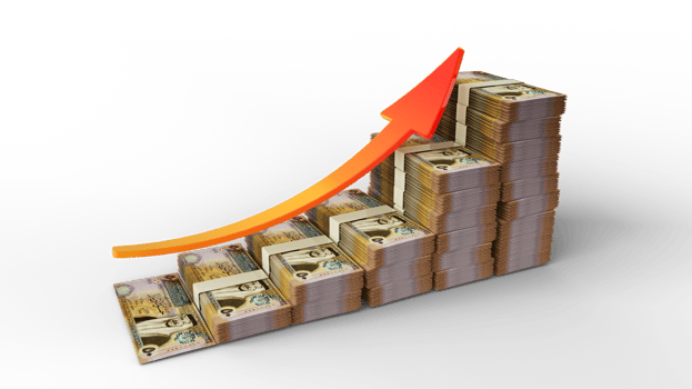 Financial growth sign made of stacks of Jordanian Dinar notes. 3D Rendering of Jordanian money arranged in the form of a bar graph png