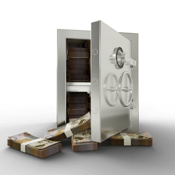 Bundles of Jordanian dinar in Steel safe box. 3D rendering of stacks of money inside metallic vault isolated, Financial protection concept, financial safety. png