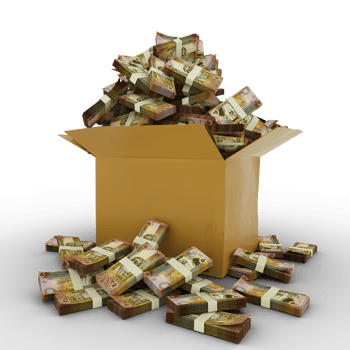 3d rendering of cardboard box full of Jordanian Dinar notes isolated on a transparent background png
