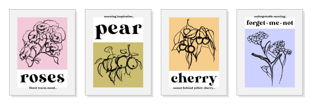 Poster for exhibition, event, interior. Graphic drawing of flowers and fruits. Roses, pear, cherry. Flower mood, advertising, fashion, trend, art. Vector illustration.