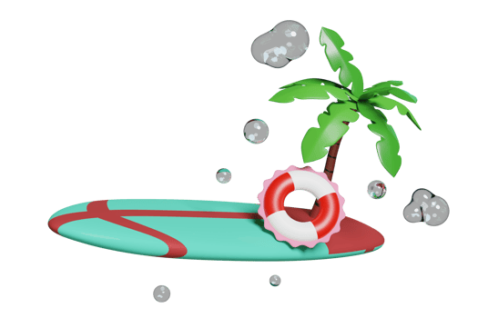 surfboard 3d with red white lifebuoy for water safety, water splash, palm tree isolated. summer travel concept, 3d render illustration png