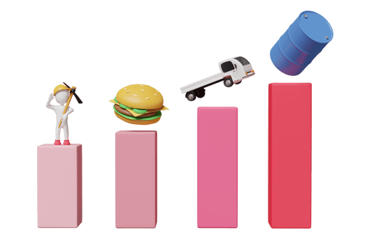 3d bar graph with food, oil barrel, delivery truck, wage icon isolated. high inflation, expensive, saving money, raise the price concept, 3d render illustration png