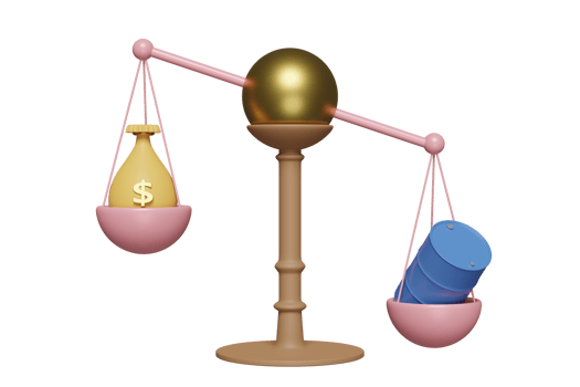 3D justice scales with oil barrel icon, money bag isolated. high inflation, expensive, saving money, raise the price concept, 3d render illustration png