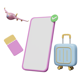 3d mobile phone with suitcase, traveler's luggage, smartphone, check marks icon isolated. air ticket booking, summer travel, online hotel booking service concept, 3d render illustration png