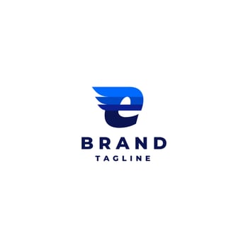 Letter e With Wings On Blue Color Theme. Simple logo design initials letter e with blue wing stripes. vector