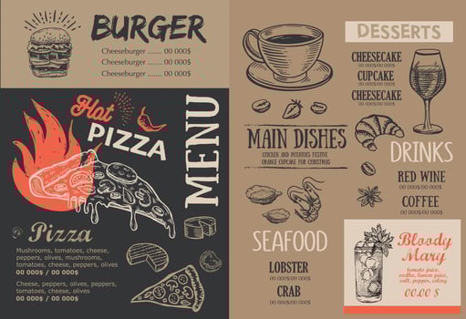 Adobe Illustrator ArtworkPizza food Menu, Restaurant, Cafe, template design. Hand drawn illustrations, Food flyer. vector