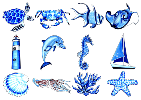 Marine set blue color with turtle, crab, fish, stingray, dolphin, seahorse, seashell,  squid, coral, starfish, yacht, lighthouse. png