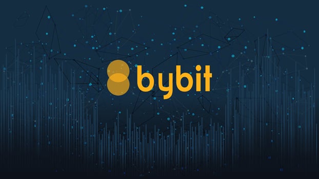 Bybit cryptocurrency stock market name with logo on abstract digital background. Crypto stock exchange for news and media. Vector EPS10.