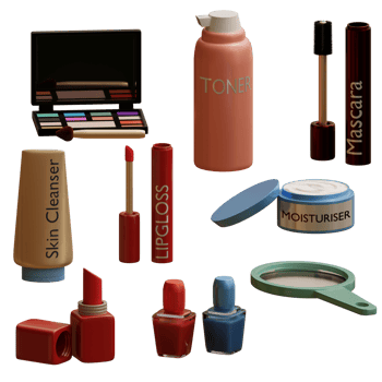 3d rendering makeup set includes mascara, eyeshadow, lipstick, skin cleanser, toner, mirror, moisturiser perfect for design project png