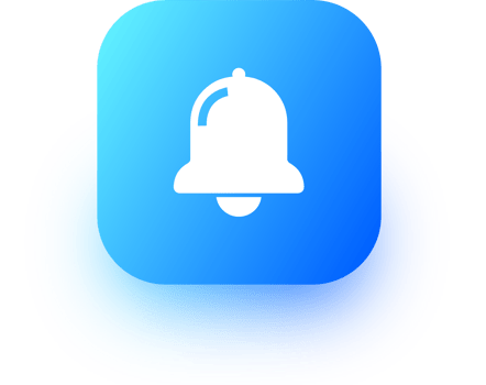 Notification or bell icon in square gradient colors. Alarm clock and smartphone application alert. png