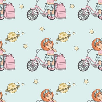 GIRL AND PLANET School Seamless Pattern Vector Illustration