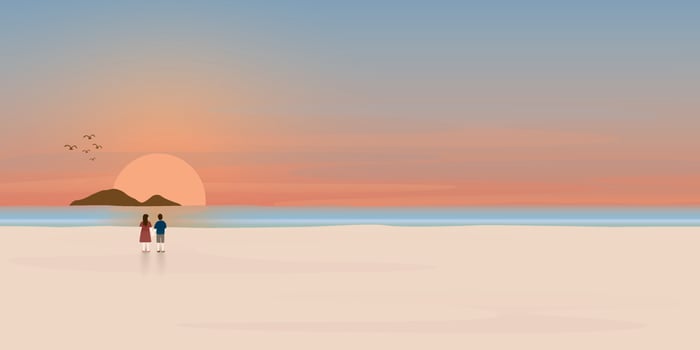 Sunset at tropical blue sea, sand beach and mountain with couple of lover illustration. Landscape of coast beautiful sea shore beach at sunset flat design illustration. vector