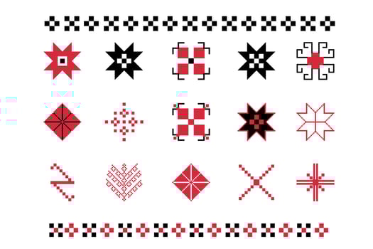 Set of geometric figures of ethnic embroidery. Seamless pattern of tribal embroidery. Ukrainian pattern. Ethnic ornament. Cross-stitch. Repeating lines. Vector illustration on a white background.