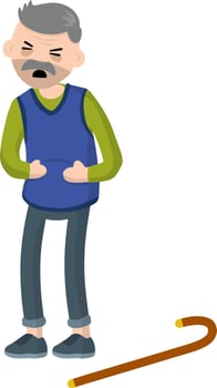 Old man holding his stomach. Senior with griping. Elderly man sick. Vector illustration flat design.