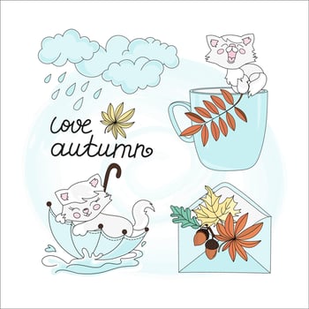 RAIN AND CAT Autumn Season Clip Art Vector Illustration Set