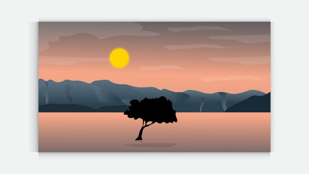 Panorama of sea sunset or ocean sunrise. Vector illustration  Colorful sunset in wild valley. Windy sky. Brown tones.