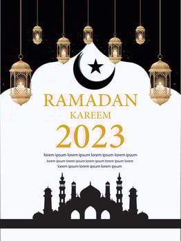 Hajj and Umrah Luxury package flyer, Ramadan Kareem flyer template islamic brochure post Arabic calligraphy, Greeting card celebration of Muslim community festival, Translation The month of fasting vector