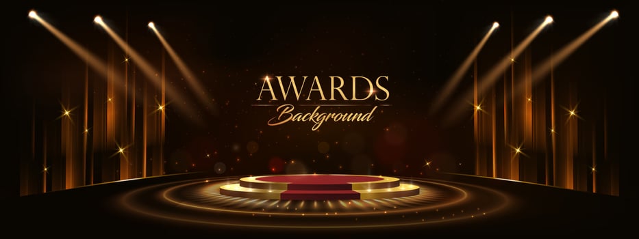 Red Maroon Golden Curtain Stage Award Background. Trophy on Round Red Carpet Luxury Background. Modern Abstract Design Template. LED Visual Motion Graphics. Wedding Marriage Invitation Poster. vector