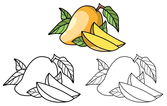 Pages to learn to color vegetables and mango fruit for children vector