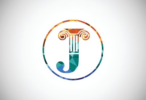 Low poly letter J with law pillar logo design. Law office vector logo template