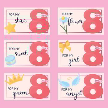 Set of greeting cards for March 8. Postcards for World Women's Day. Design postcards for girls and women. Simple postcards with figure eight and drawings. Postcard for my star, angel, sweet, flower vector