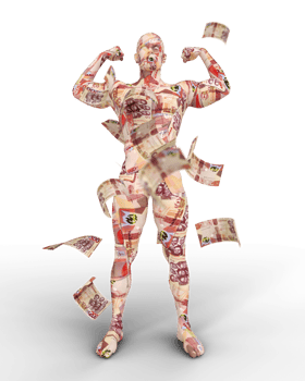 3D rendering of human figure made up of Ghanaian cedi notes png