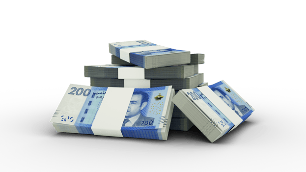 3d rendering of Stack of Moroccan dirham notes. bundles of Moroccan currency notes isolated on transparent background png