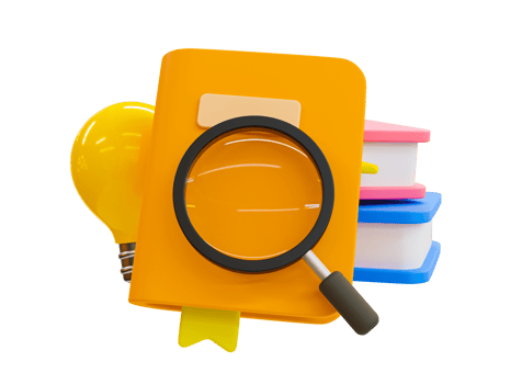 3d minimal learning concept. educational equipment. Reading a book to get a new idea. Knowledge seeking. Textbook with a light bulb and magnifying glass. 3d rendering illustration. png