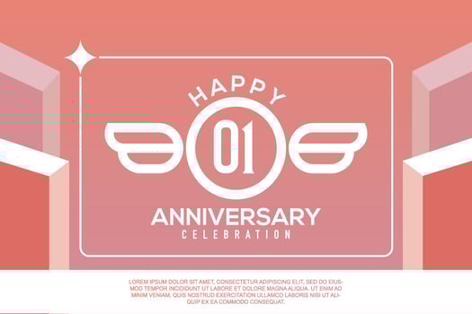 01st year anniversary design letter with wing sign concept template design on pink background vector