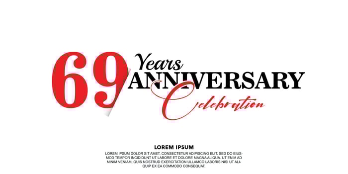 69 year anniversary celebration logo vector design with red and black color on white background abstract