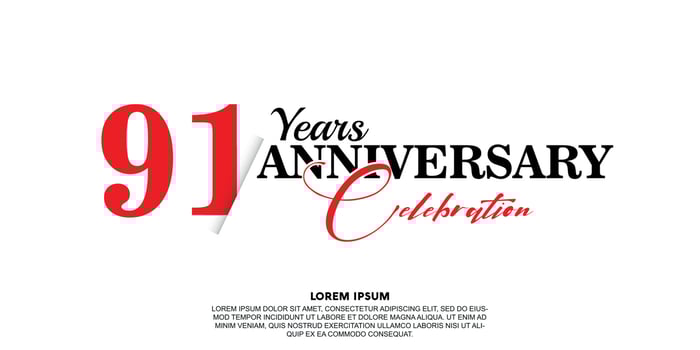 91 year anniversary celebration logo vector design with red and black color on white background abstract
