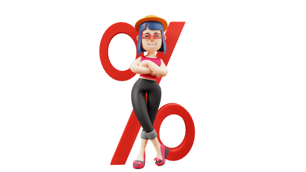 3D illustration. Cool Woman 3D cartoon character. Beautiful woman embracing. Beautiful woman leaning on big red percent sign. Beautiful tourist relaxing. 3D cartoon character png