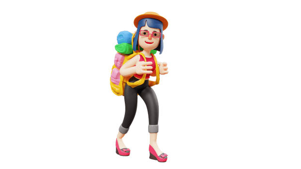 3D illustration. Beautiful Adventurer 3D cartoon character. Very passionate sweet lady. Beautiful adventurer carrying a big duffel bag. Beautiful tourist carrying a duffel bag. 3D cartoon character png