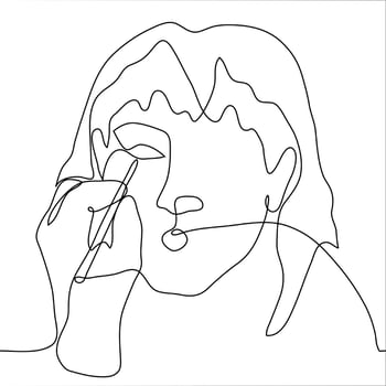 face of a woman with long flowing hair who applies makeup to her eyes with a pencil and her mouth is open. One continuous line drawing of a girl doing her makeup vector