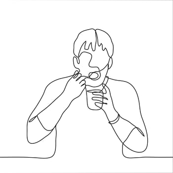 A man sits with his mouth open and holds a spoon in his mouth and a glass. One continuous line art of a man eating ice cream, yogurt vector