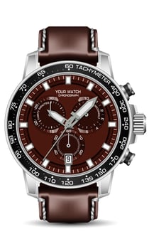 Realistic silver black watch chronograph brown face leather strap on white background design modern luxury for men fashion vector illustration.