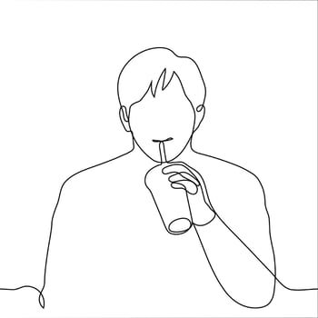 man sits and drinks with pleasure a drink from a plastic glass with a straw. one line drawing of drinking a delicious drink vector