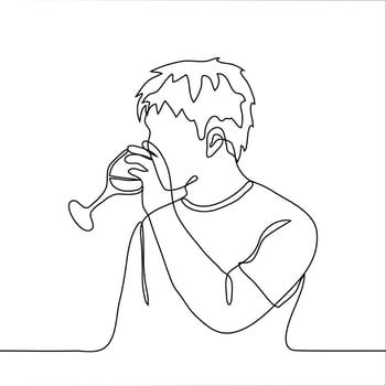 man in a T-shirt drinks a drink from a glass on a leg wine, champagne, water. One continuous line drawing drinking alcohol, amateur, sommelier drinks wine, quenching thirst vector
