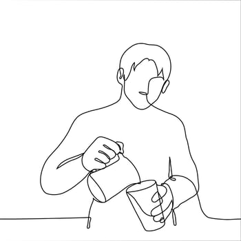 Man makes coffee - one line drawing. concept barista pours milk into coffee cups. vector