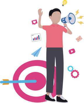 man achieves digital marketing target. man working in shopping sales. illustration of a man doing marketing using a megaphone png